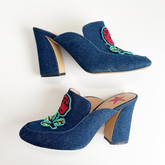Anna Sui x INC | Denim Beaded Floral Rose Heeled Mules | 7.5 - Picture 3 of 8